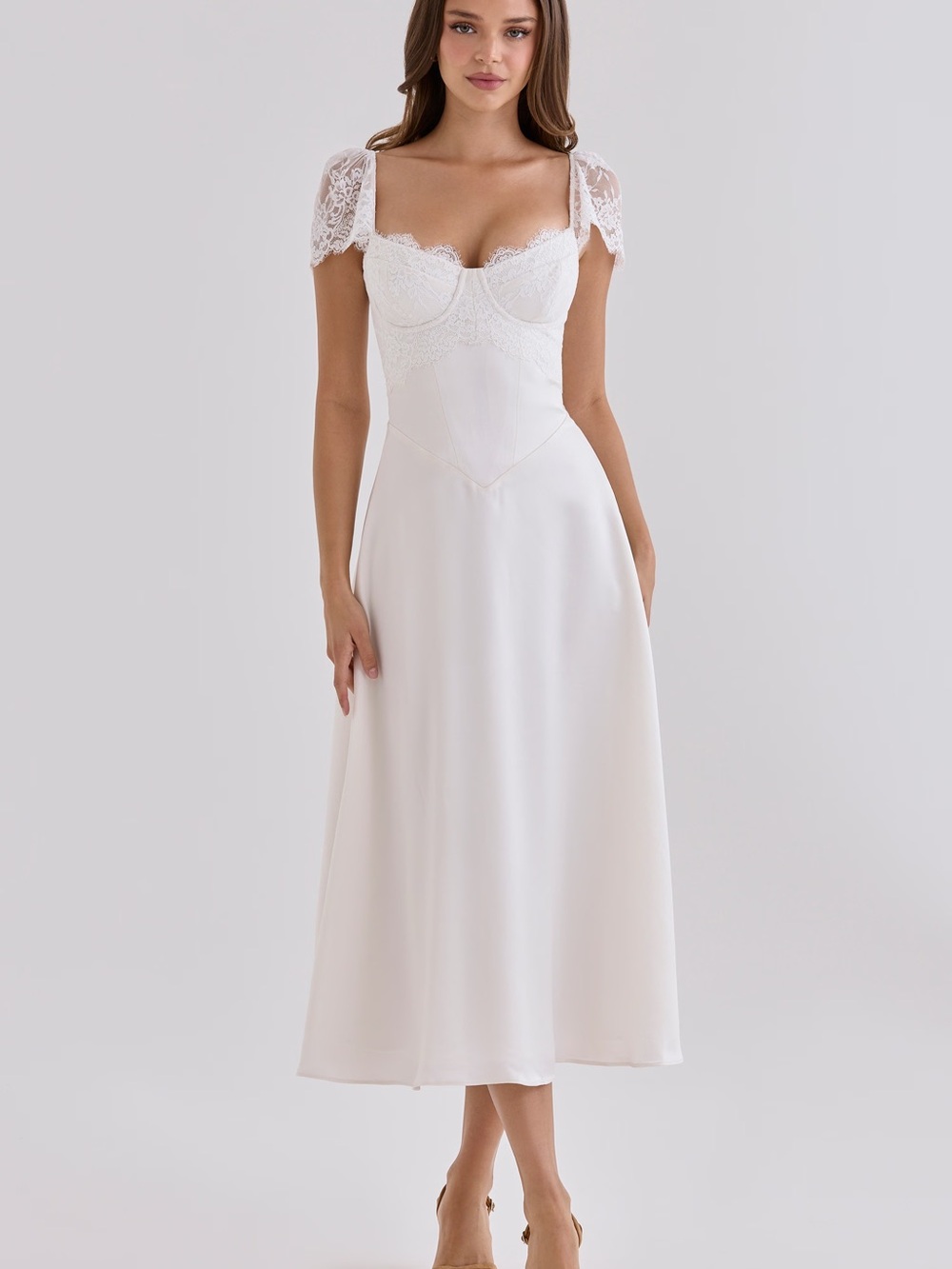 House of CB Selena White Satin + Lace Midi Dress